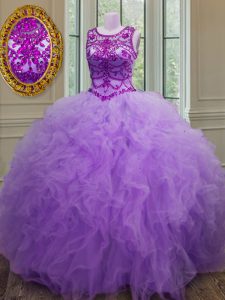 Spectacular Scoop Lavender Ball Gowns Beading and Ruffles Quinceanera Dress Lace Up Tulle Sleeveless Floor Length