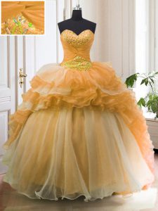 Spectacular Orange Sweetheart Lace Up Beading and Ruffled Layers Quinceanera Gowns Sweep Train Sleeveless