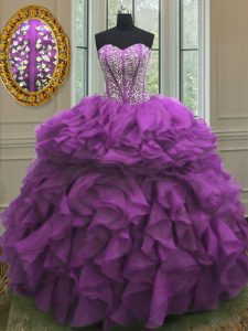 Purple Ball Gowns Sweetheart Sleeveless Organza Floor Length Lace Up Beading and Ruffles Sweet 16 Dresses