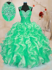 Inexpensive Green Sweetheart Neckline Beading and Ruffles Vestidos de Quinceanera Sleeveless Lace Up