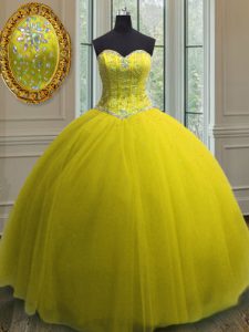 Custom Design Floor Length Yellow Quinceanera Dress Tulle Sleeveless Beading and Sequins