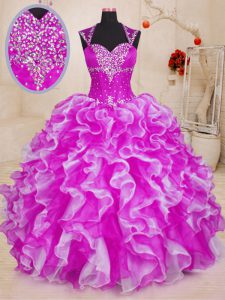Hot Sale Organza Sweetheart Sleeveless Lace Up Beading and Ruffles Quinceanera Dresses in Fuchsia
