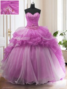 Best Selling Lilac Lace Up Quinceanera Gown Beading and Ruffled Layers Sleeveless With Train Sweep Train