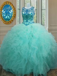 Turquoise Sweet 16 Dress Military Ball and Sweet 16 and Quinceanera and For with Beading and Ruffles Scoop Sleeveless Lace Up