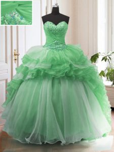 Decent Ruffled Sweep Train Ball Gowns Vestidos de Quinceanera Green Sweetheart Organza Sleeveless Lace Up