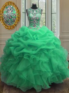 Sumptuous Scoop Floor Length Lace Up Sweet 16 Quinceanera Dress Green for Military Ball and Sweet 16 and Quinceanera with Beading and Ruffles