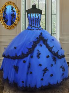 Blue Ball Gowns Tulle Strapless Sleeveless Appliques Floor Length Lace Up Quinceanera Dresses