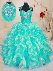 Sweetheart Sleeveless Lace Up Quince Ball Gowns Turquoise Organza