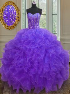 Floor Length Lace Up 15 Quinceanera Dress Purple for Military Ball and Sweet 16 and Quinceanera with Beading and Ruffles