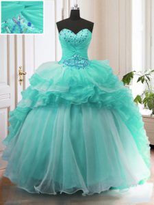Cute Organza Sweetheart Sleeveless Sweep Train Lace Up Beading and Ruffles Vestidos de Quinceanera in Turquoise