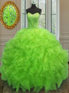 Chic Yellow Green Organza Lace Up Ball Gown Prom Dress Sleeveless Floor Length Beading and Ruffles