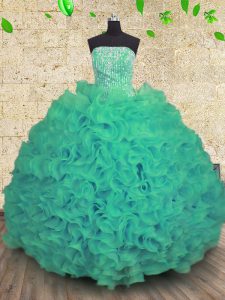 Turquoise Ball Gowns Organza Strapless Sleeveless Beading and Ruffles Floor Length Lace Up Party Dress for Girls
