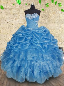 Baby Blue Ball Gowns Beading and Appliques and Ruffles and Ruching Dama Dress Lace Up Organza Sleeveless Floor Length