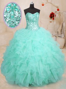 Cheap Sleeveless Floor Length Beading and Ruffles Lace Up 15th Birthday Dress with Apple Green