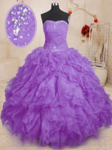 Eye-catching Lavender Ball Gowns Strapless Sleeveless Organza Floor Length Lace Up Beading and Ruffles and Ruching Ball Gown Prom Dress