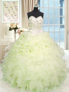 Luxury Light Yellow Ball Gowns Sweetheart Sleeveless Organza Floor Length Lace Up Beading and Ruffles Sweet 16 Dresses