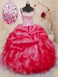 Pick Ups Floor Length Ball Gowns Sleeveless Coral Red Damas Dress Lace Up