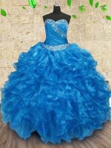 Glamorous Baby Blue Ball Gowns Organza Sweetheart Sleeveless Beading and Ruching Floor Length Lace Up 15th Birthday Dress