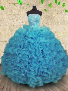 Fancy Floor Length Ball Gowns Sleeveless Aqua Blue 15 Quinceanera Dress Lace Up