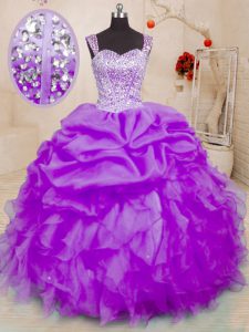 Purple Damas Dress Military Ball and Sweet 16 and Quinceanera and For with Beading and Ruffles and Pick Ups Straps Sleeveless Lace Up
