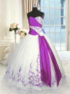 Shining White And Purple Lace Up Quinceanera Gowns Embroidery and Sashes ribbons Sleeveless Floor Length
