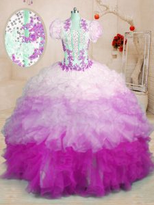 Sweetheart Sleeveless Organza Ball Gown Prom Dress Beading and Appliques and Ruffles Brush Train Lace Up