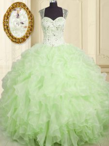 Shining Yellow Green Sweet 16 Quinceanera Dress Military Ball and Sweet 16 and Quinceanera and For with Beading and Ruffles Straps Sleeveless Lace Up