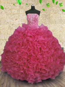 Top Selling Hot Pink Sleeveless Floor Length Beading and Ruffles Lace Up Quince Ball Gowns