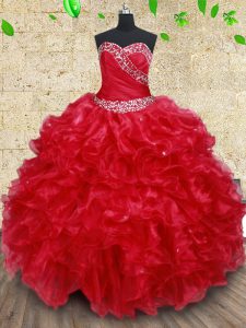 Red Organza Lace Up Sweetheart Sleeveless Floor Length Sweet 16 Dress Beading and Ruffles