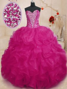 Luxury Fuchsia Ball Gowns Organza Sweetheart Sleeveless Beading and Ruffles Floor Length Lace Up Vestidos de Quinceanera