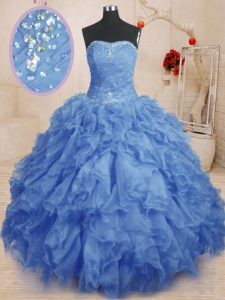 Sumptuous Blue Sleeveless Organza Lace Up Quinceanera Gown for Military Ball and Sweet 16 and Quinceanera