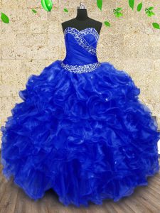 Royal Blue Lace Up Sweet 16 Dresses Beading and Ruffles and Ruching Sleeveless Floor Length