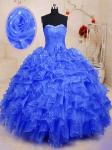 Blue Lace Up Sweetheart Beading and Ruffles and Hand Made Flower Quinceanera Dress Organza Sleeveless