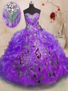Purple Sleeveless Beading and Appliques and Ruffles Floor Length Quinceanera Gowns