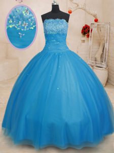 Latest Baby Blue Ball Gowns Strapless Sleeveless Tulle Floor Length Lace Up Beading 15th Birthday Dress