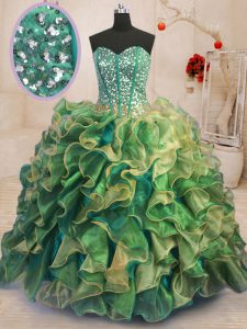 Inexpensive Sleeveless Organza Floor Length Lace Up Quinceanera Dress in Multi-color with Beading and Ruffles