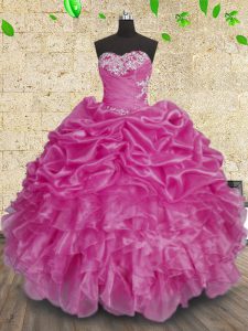 Glorious Floor Length Fuchsia Quinceanera Dress Organza Sleeveless Beading and Appliques and Ruffles and Ruching