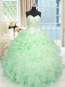 Apple Green Ball Gowns Beading and Ruffles 15 Quinceanera Dress Lace Up Organza Sleeveless Floor Length