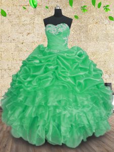 Superior Sleeveless Floor Length Beading and Appliques and Ruffles and Ruching Lace Up 15th Birthday Dress with Green