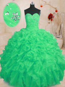 Deluxe Beading and Ruffles 15 Quinceanera Dress Green Lace Up Sleeveless Floor Length