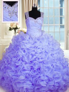 Vintage Straps Sleeveless Quinceanera Gown Floor Length Beading and Ruffles Lavender Organza