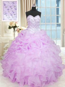 Lilac Ball Gowns Beading and Ruffles Sweet 16 Dresses Lace Up Organza Sleeveless Floor Length