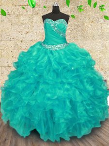 Turquoise Sweetheart Neckline Beading Party Dress for Girls Sleeveless Lace Up