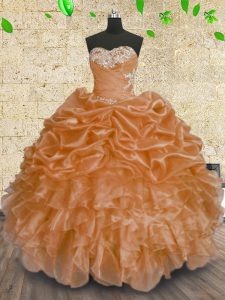 Sleeveless Organza Floor Length Lace Up 15th Birthday Dress in Orange with Beading and Appliques and Ruffles and Sequins