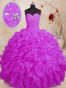Excellent Purple Ball Gowns Beading and Ruffles Vestidos de Quinceanera Lace Up Organza Sleeveless Floor Length