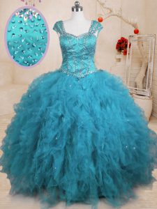 High Quality Cap Sleeves Lace Up Floor Length Beading and Ruffles Sweet 16 Quinceanera Dress