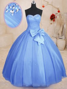 Fancy Light Blue Lace Up Sweet 16 Dresses Beading and Bowknot Sleeveless Floor Length