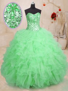 Chic Sweetheart Sleeveless Quince Ball Gowns Floor Length Beading and Ruffles Green Organza