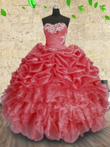 Modest Sleeveless Organza Floor Length Lace Up Ball Gown Prom Dress in Coral Red with Beading and Appliques and Ruffles and Ruching
