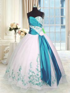 Sweetheart Sleeveless Ball Gown Prom Dress Floor Length Embroidery and Sashes ribbons White Organza